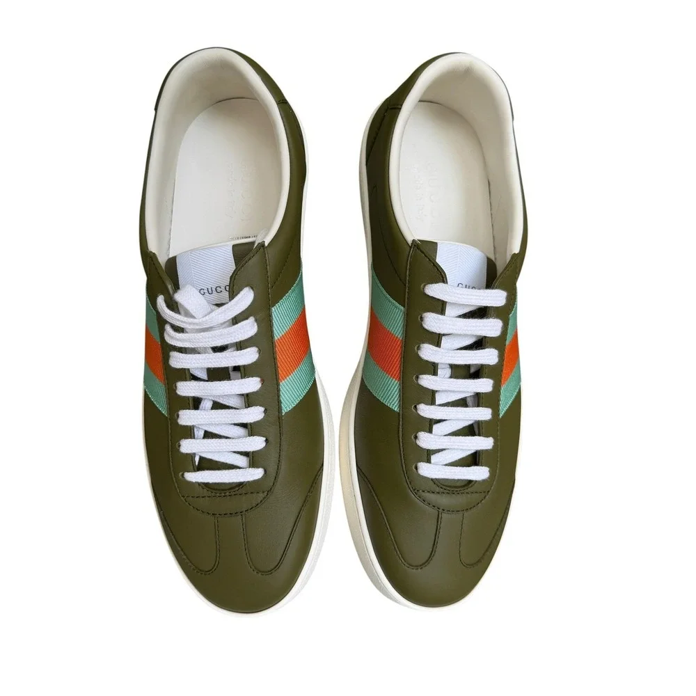 Gucci G74 Leather Sneakers Olive Green Blue Orange Web Stripe 858981 Mens UK 9.5